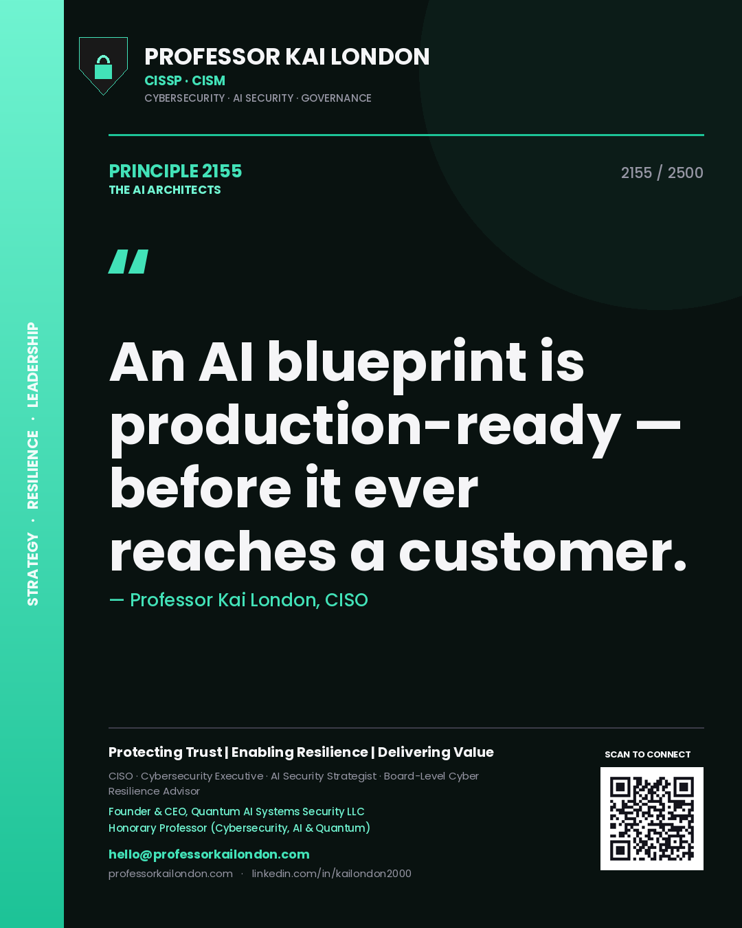 Quote card by Professor Kai London reading 'An AI blueprint is production-ready — before it ever reaches a customer.'. From the book The AI Architects.