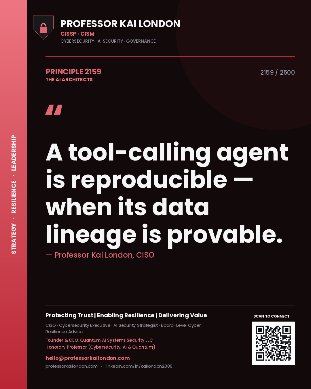 Quote card by Professor Kai London reading 'A tool-calling agent is reproducible — when its data lineage is provable.'. From the book The AI Architects.