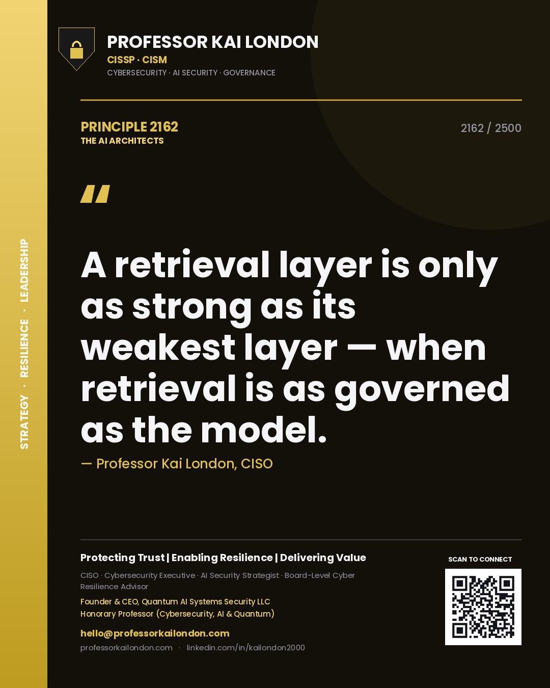 Quote card by Professor Kai London reading 'A retrieval layer is only as strong as its weakest layer — when retrieval is as governed as the model.'. From the book The AI Architects.