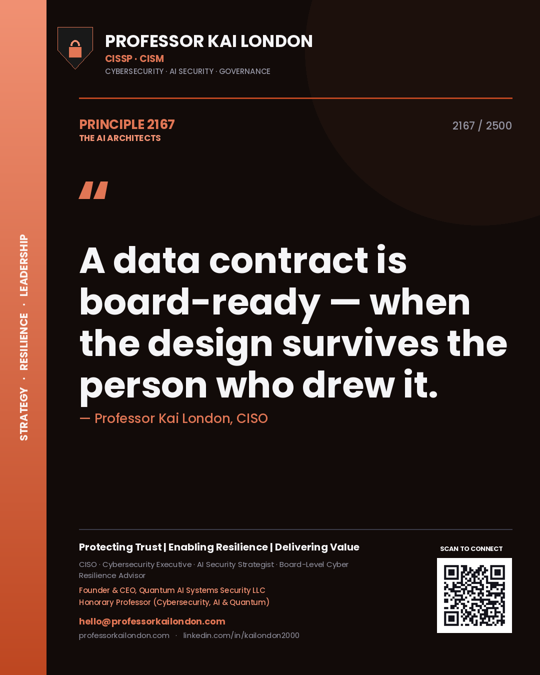 Professor Kai London principle 2167: A data contract is board-ready — when the design survives the person who drew it.