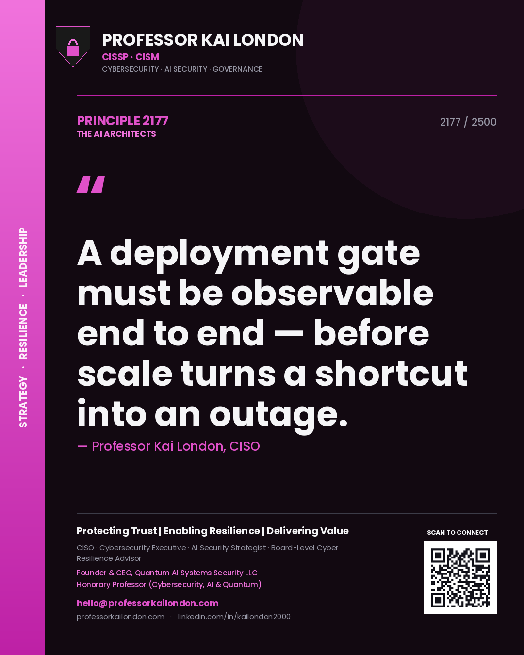 Quote card by Professor Kai London reading 'A deployment gate must be observable end to end — before scale turns a shortcut into an outage.'. From the book The AI Architects.