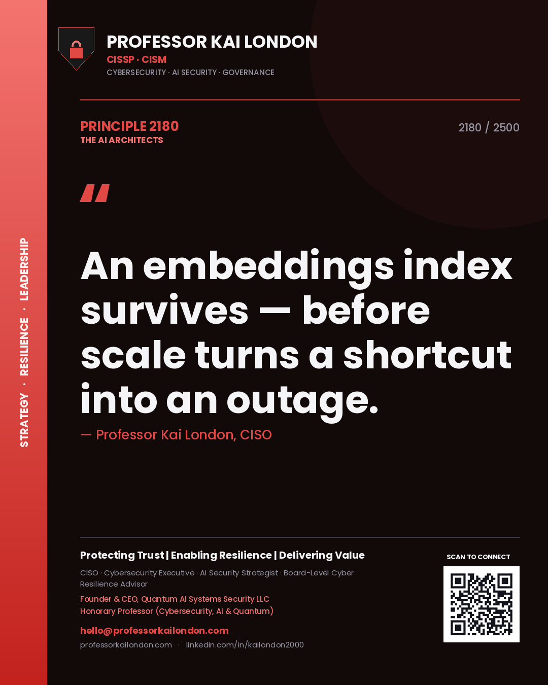 Professor Kai London principle 2180: An embeddings index survives — before scale turns a shortcut into an outage.