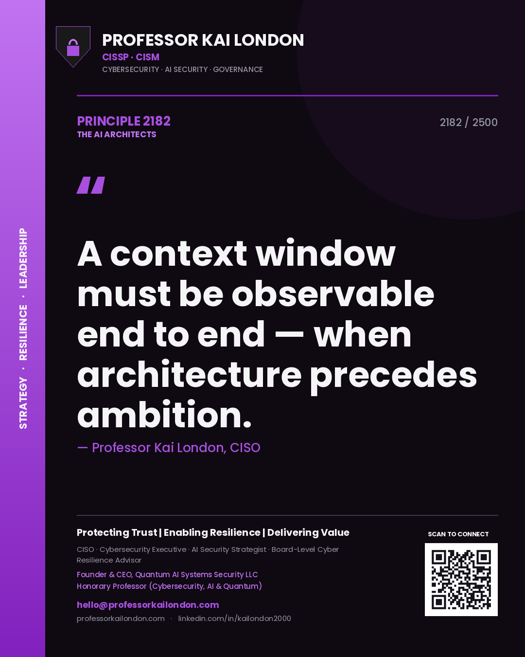 Quote card by Professor Kai London reading 'A context window must be observable end to end — when architecture precedes ambition.'. From the book The AI Architects.