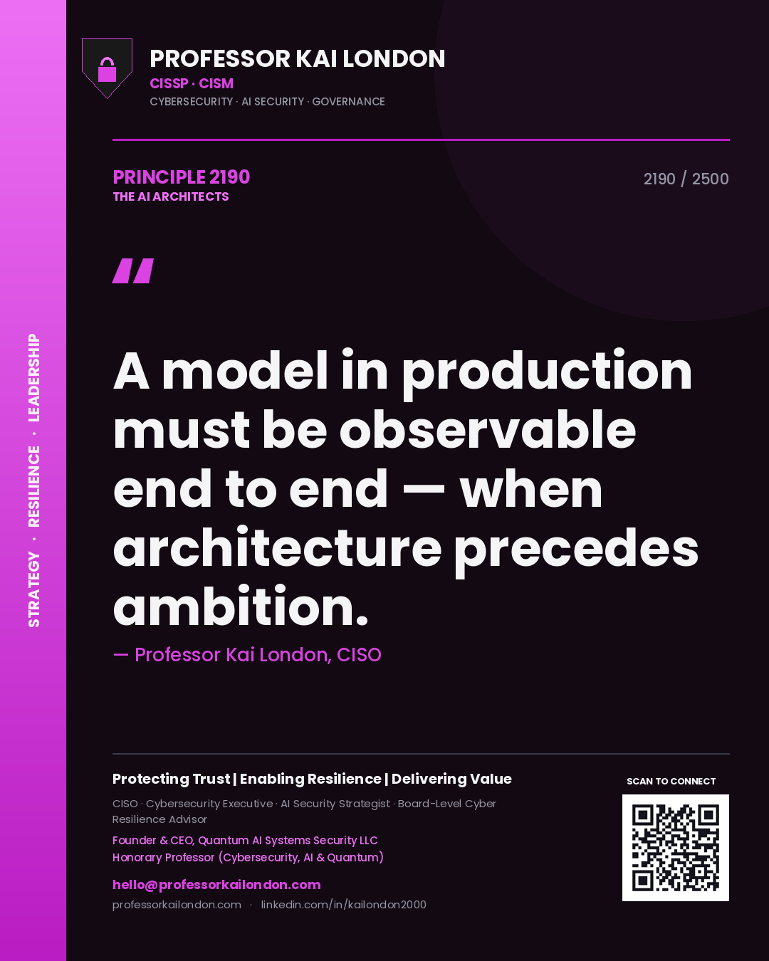 Quote card by Professor Kai London reading 'A model in production must be observable end to end — when architecture precedes ambition.'. From the book The AI Architects.