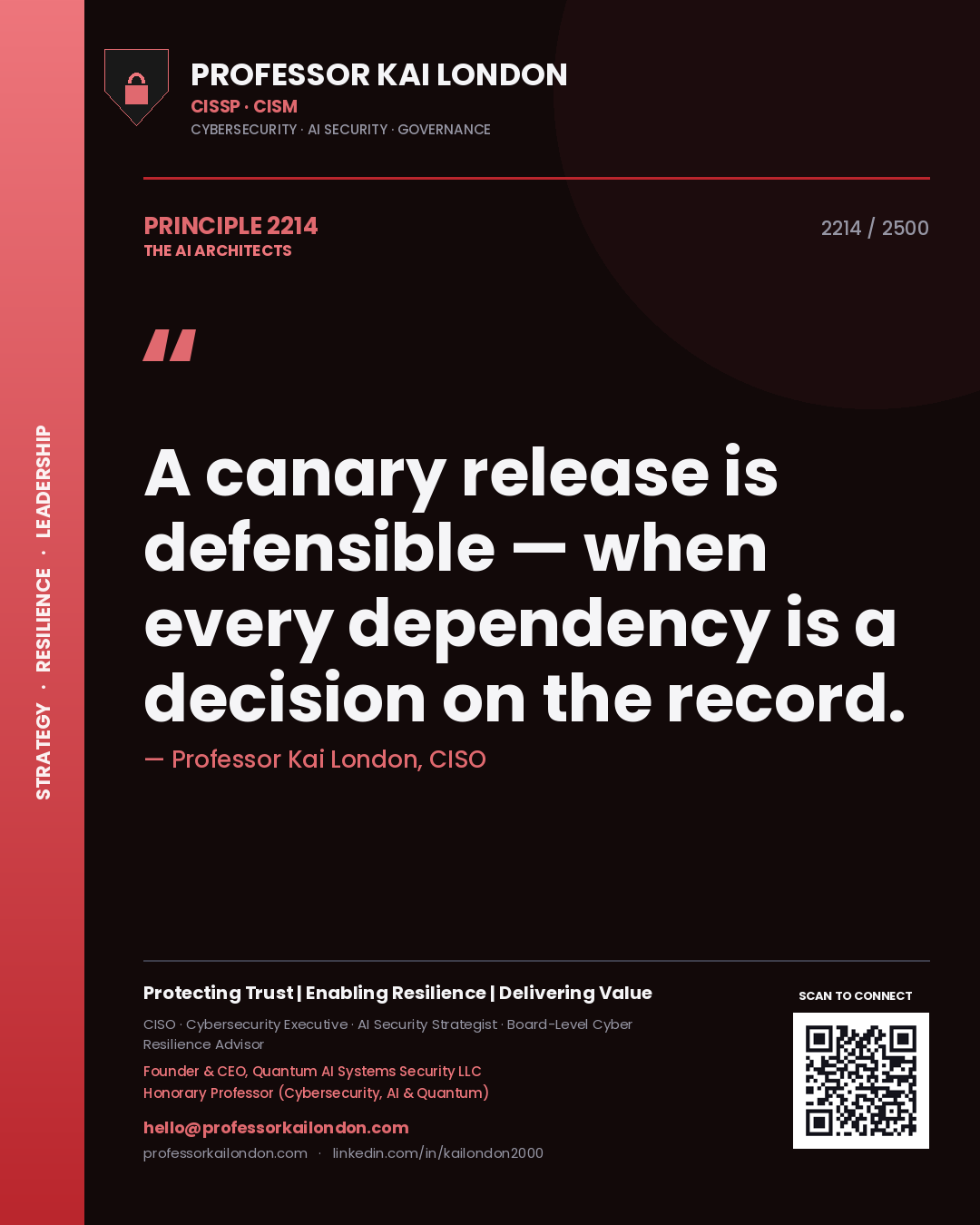 Quote card by Professor Kai London reading 'A canary release is defensible — when every dependency is a decision on the record.'. From the book The AI Architects.