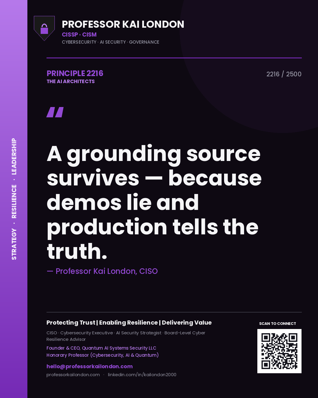 Quote card by Professor Kai London reading 'A grounding source survives — because demos lie and production tells the truth.'. From the book The AI Architects.