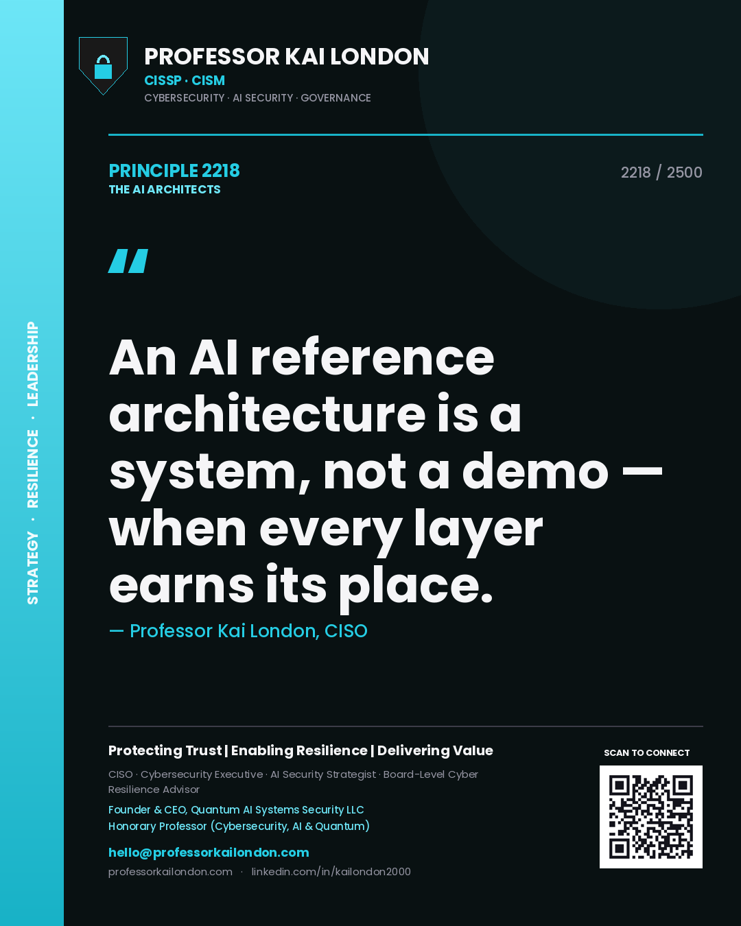 Quote card by Professor Kai London reading 'An AI reference architecture is a system, not a demo — when every layer earns its place.'. From the book The AI Architects.