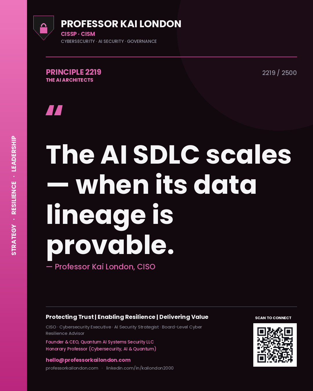Quote card by Professor Kai London reading 'The AI SDLC scales — when its data lineage is provable.'. From the book The AI Architects.