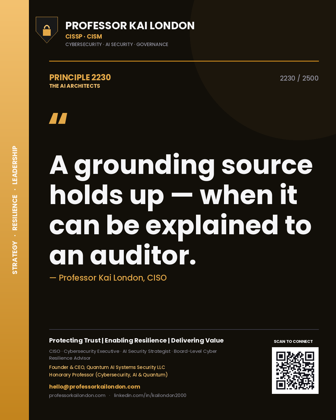 Quote card by Professor Kai London reading 'A grounding source holds up — when it can be explained to an auditor.'. From the book The AI Architects.
