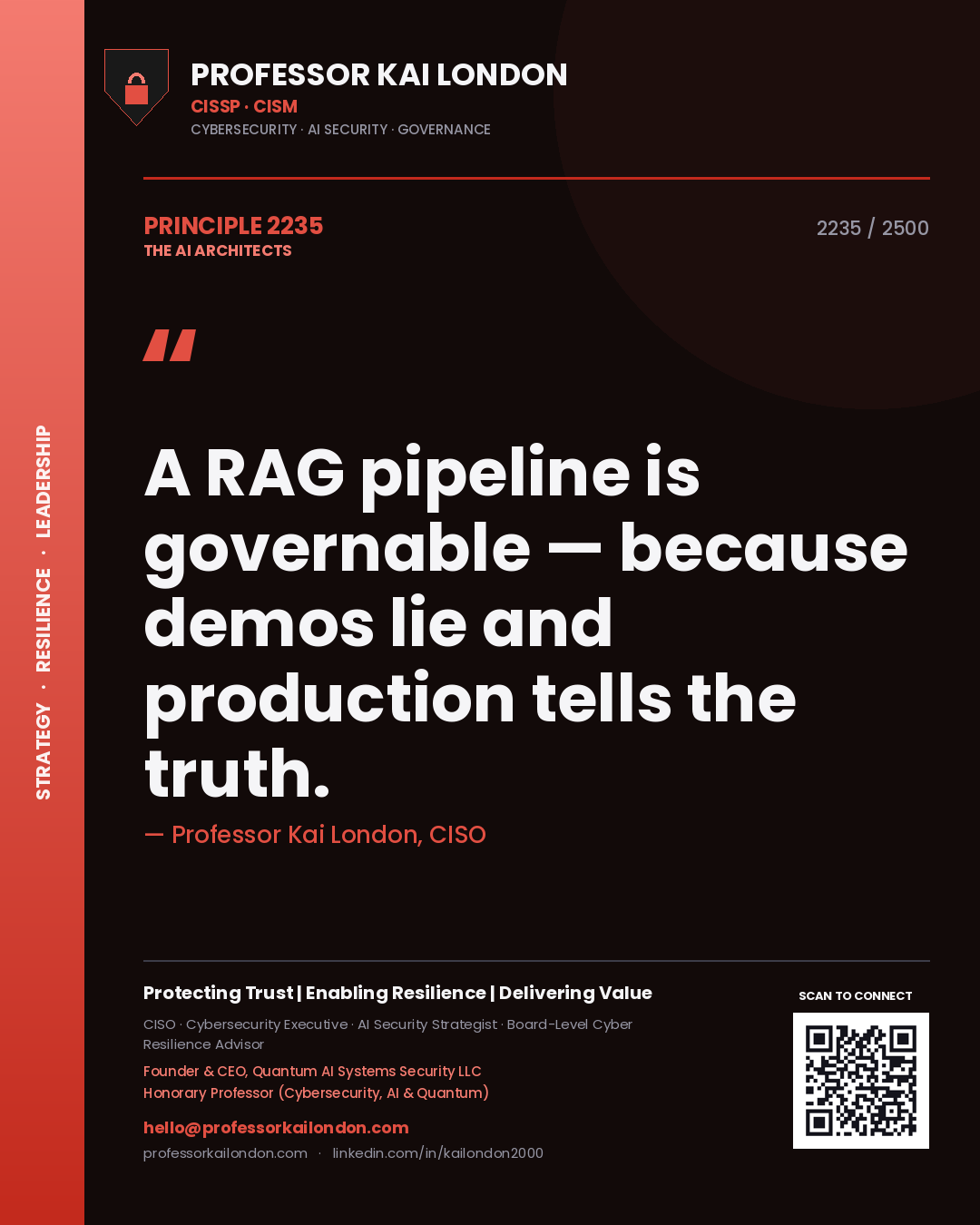 Quote card by Professor Kai London reading 'A RAG pipeline is governable — because demos lie and production tells the truth.'. From the book The AI Architects.