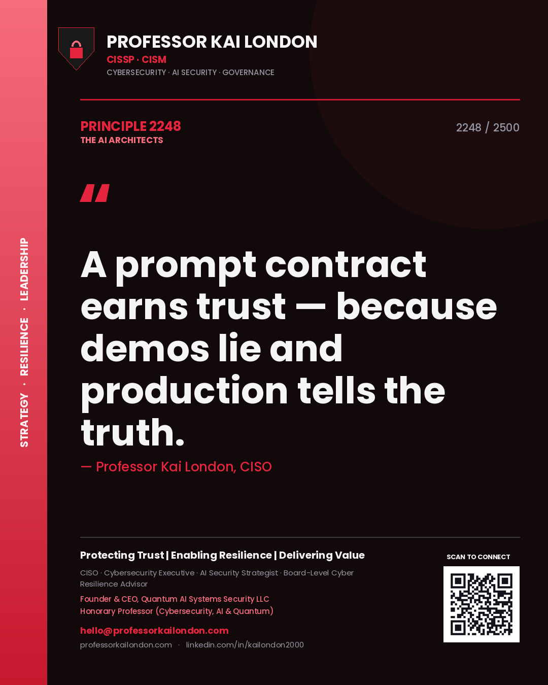 Quote card by Professor Kai London reading 'A prompt contract earns trust — because demos lie and production tells the truth.'. From the book The AI Architects.