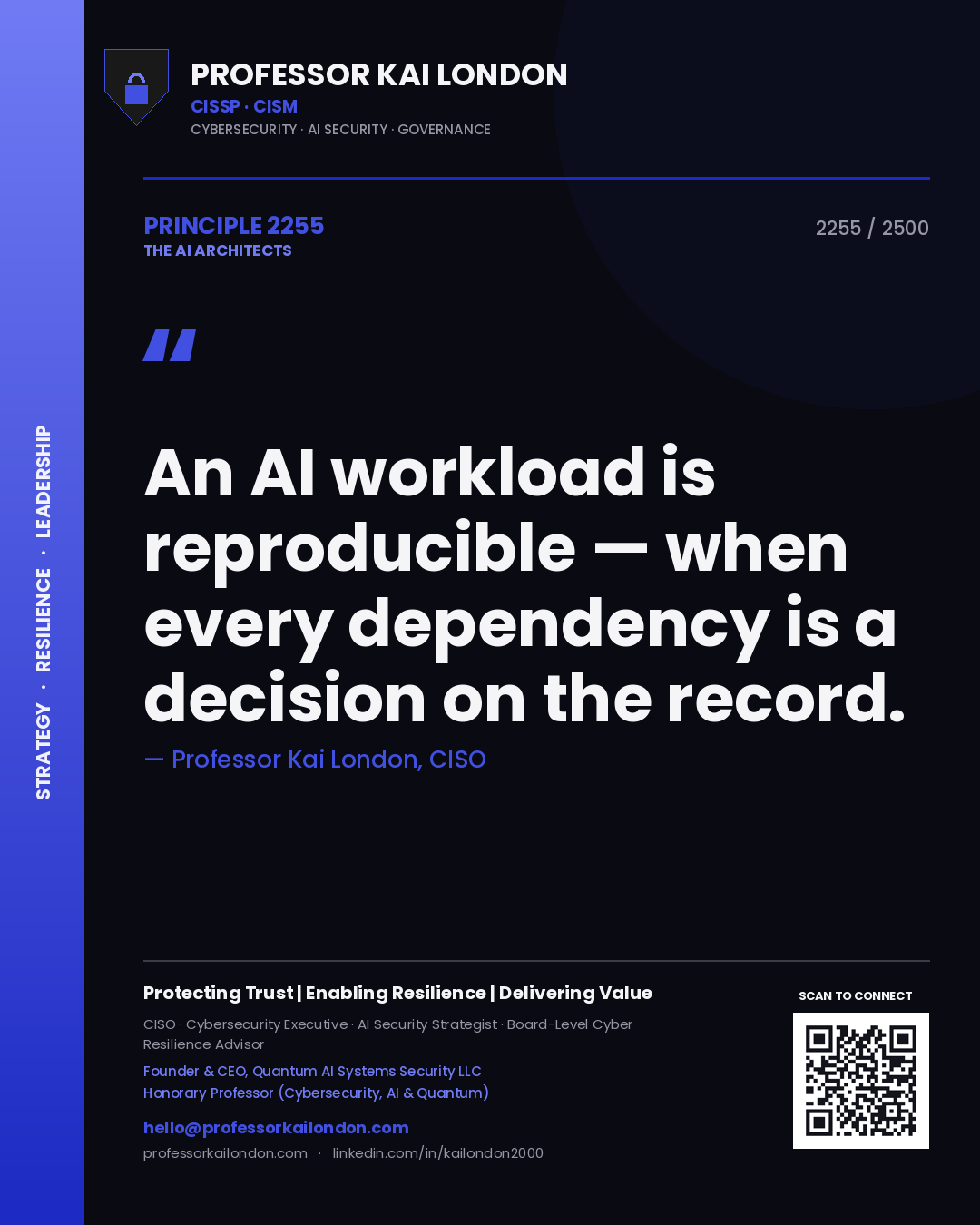 Quote card by Professor Kai London reading 'An AI workload is reproducible — when every dependency is a decision on the record.'. From the book The AI Architects.