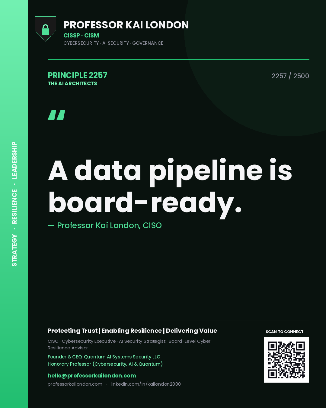 Quote card by Professor Kai London reading 'A data pipeline is board-ready.'. From the book The AI Architects.