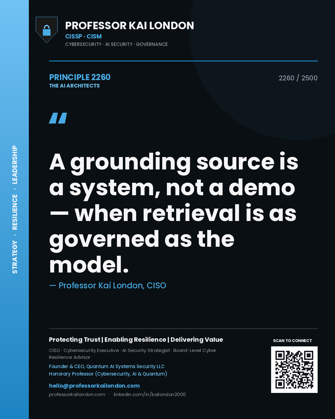 Quote card by Professor Kai London reading 'A grounding source is a system, not a demo — when retrieval is as governed as the model.'. From the book The AI Architects.