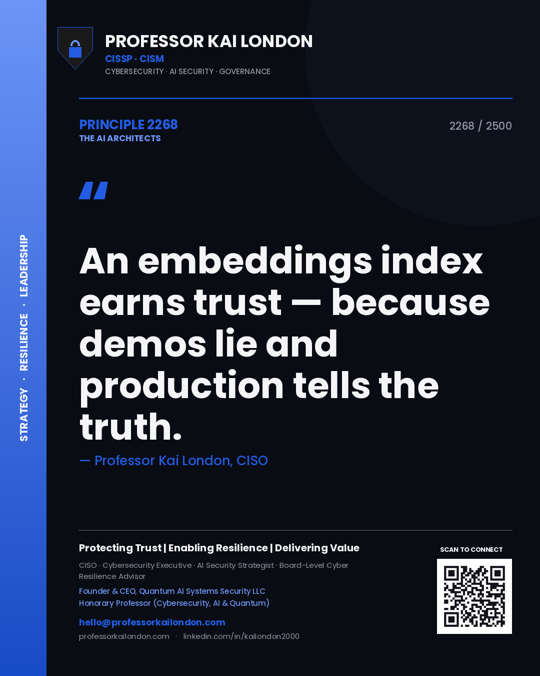 Quote card by Professor Kai London reading 'An embeddings index earns trust — because demos lie and production tells the truth.'. From the book The AI Architects.