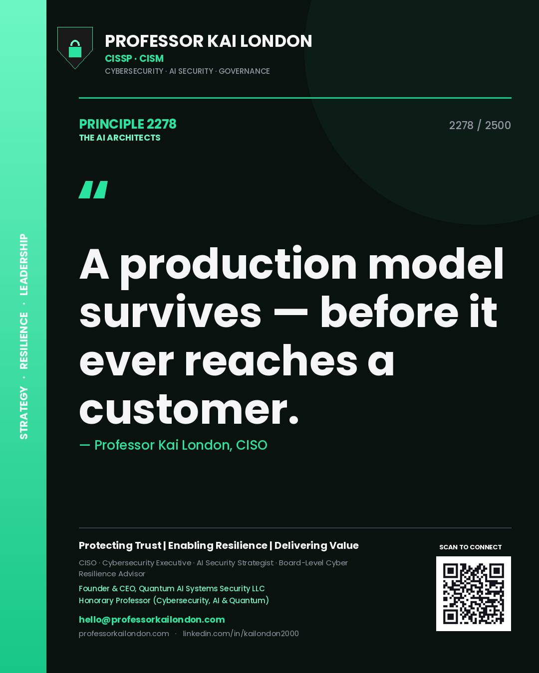 Quote card by Professor Kai London reading 'A production model survives — before it ever reaches a customer.'. From the book The AI Architects.