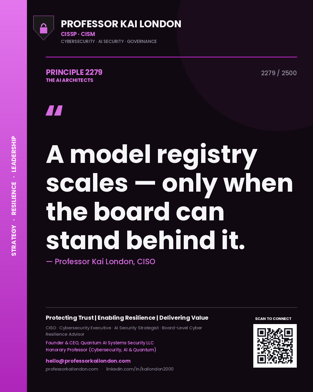 Quote card by Professor Kai London reading 'A model registry scales — only when the board can stand behind it.'. From the book The AI Architects.