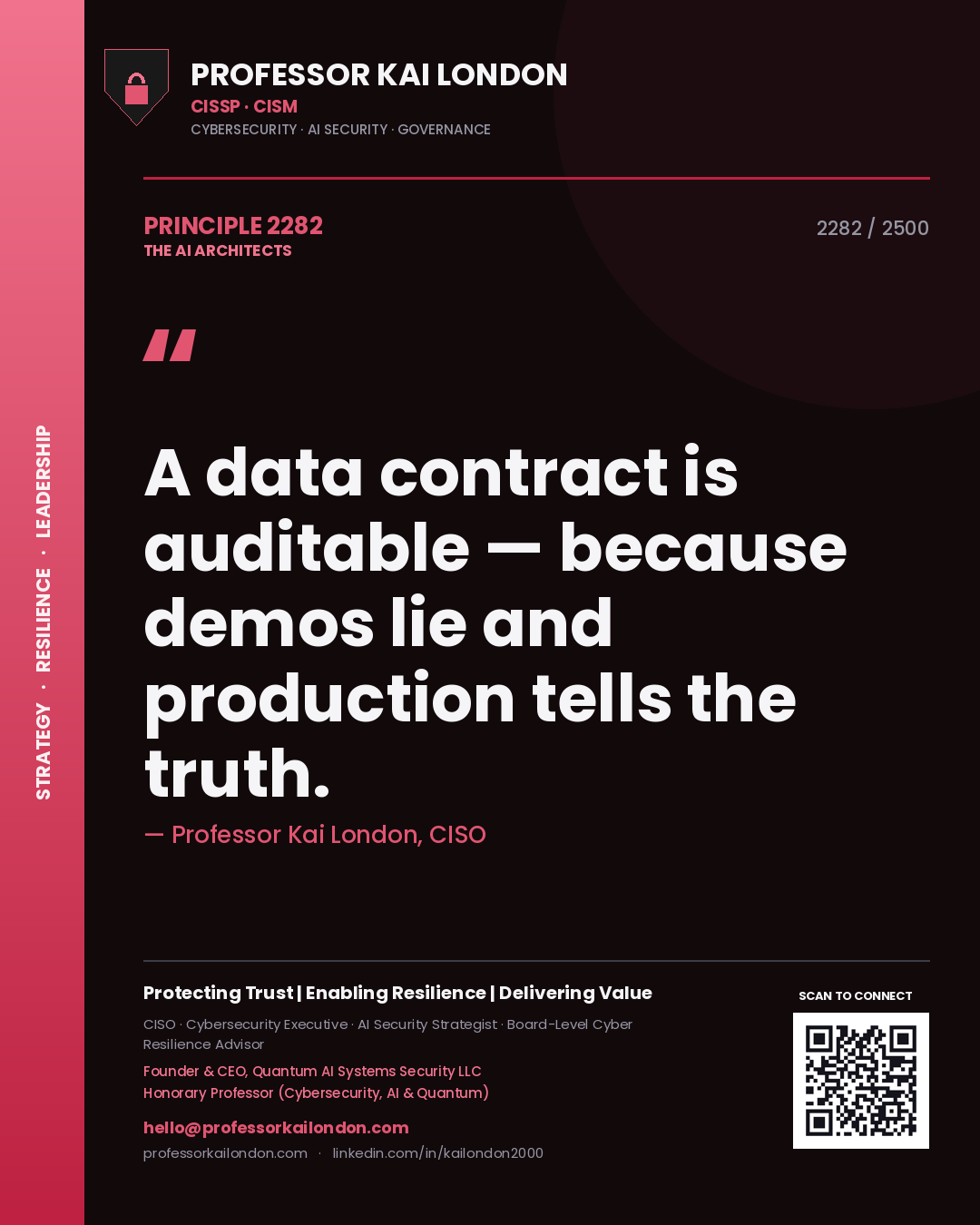 Quote card by Professor Kai London reading 'A data contract is auditable — because demos lie and production tells the truth.'. From the book The AI Architects.