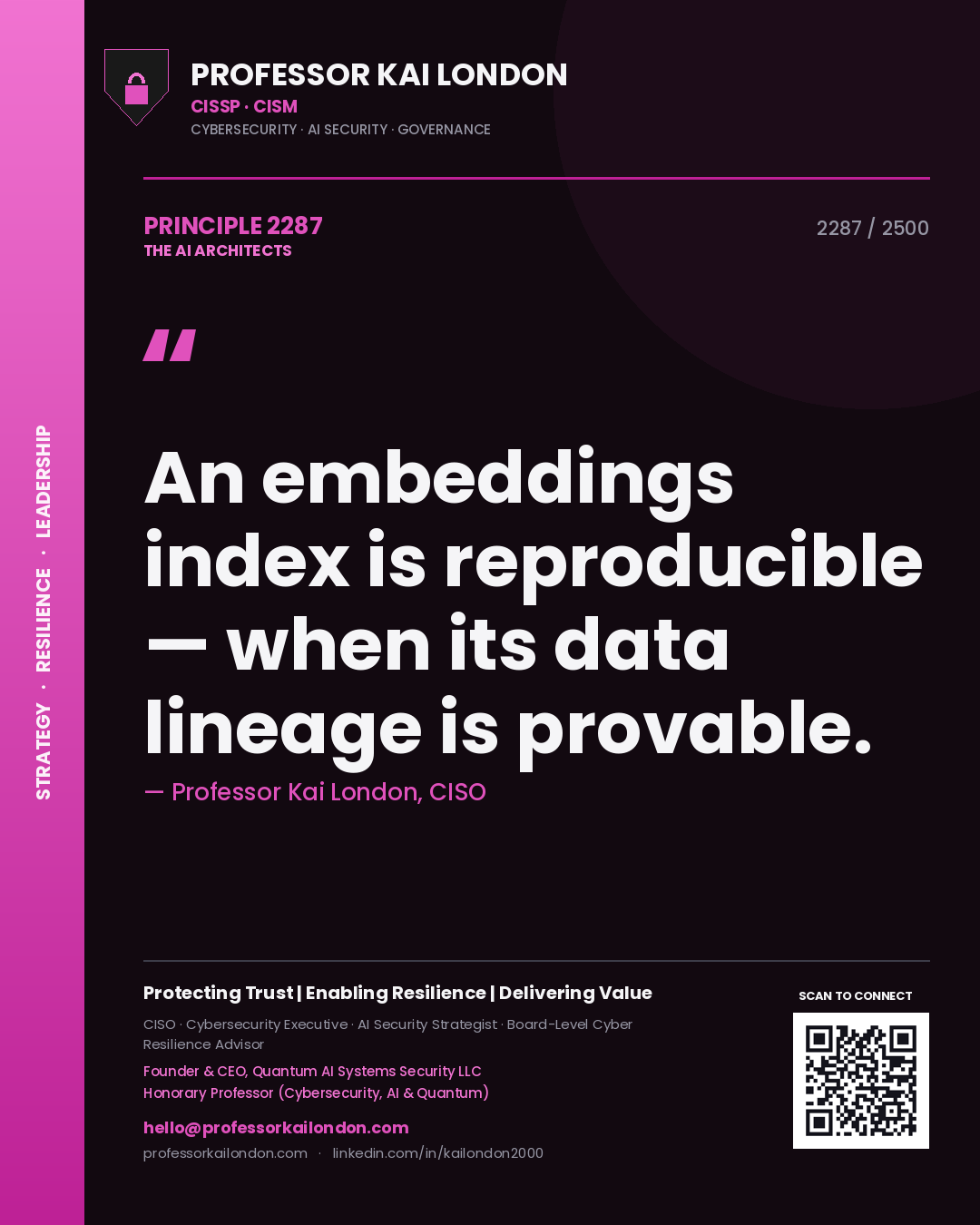 Quote card by Professor Kai London reading 'An embeddings index is reproducible — when its data lineage is provable.'. From the book The AI Architects.