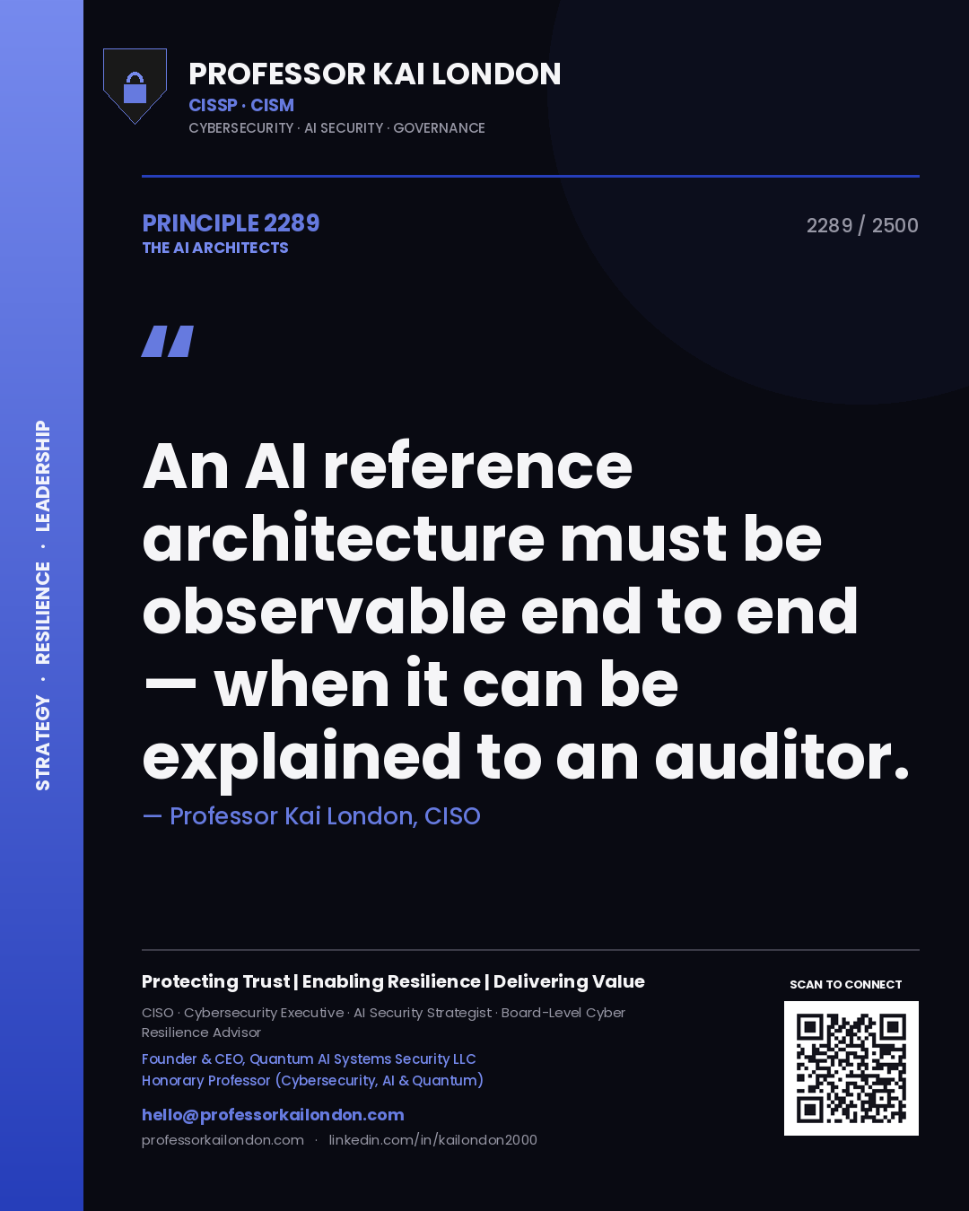 Quote card by Professor Kai London reading 'An AI reference architecture must be observable end to end — when it can be explained to an auditor.'. From the book The AI Architects.