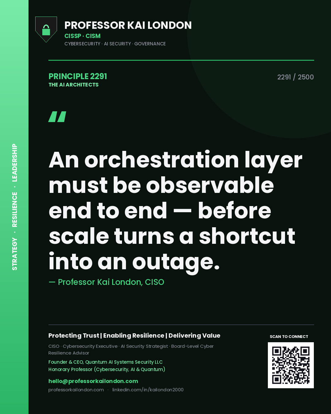 Quote card by Professor Kai London reading 'An orchestration layer must be observable end to end — before scale turns a shortcut into an outage.'. From the book The AI Architects.