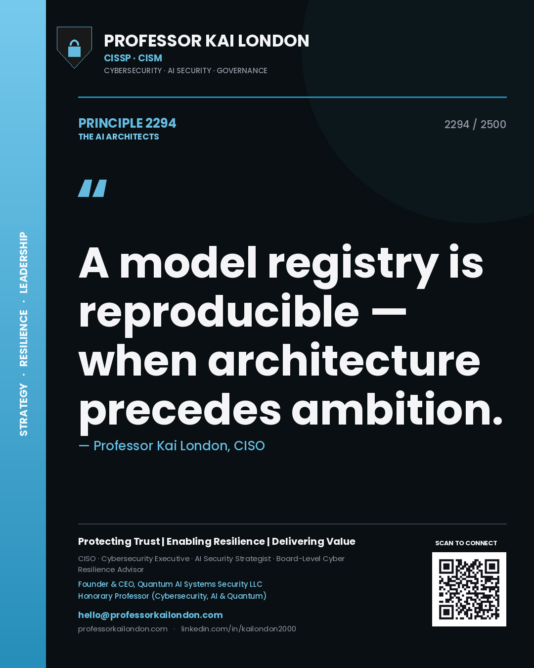 Quote card by Professor Kai London reading 'A model registry is reproducible — when architecture precedes ambition.'. From the book The AI Architects.