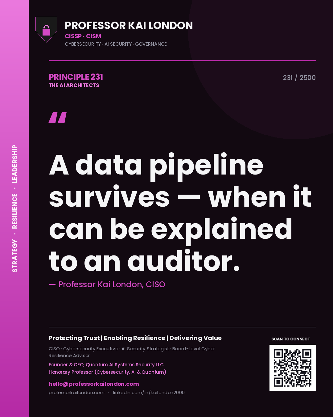 Quote card by Professor Kai London reading 'A data pipeline survives — when it can be explained to an auditor.'. From the book The AI Architects.
