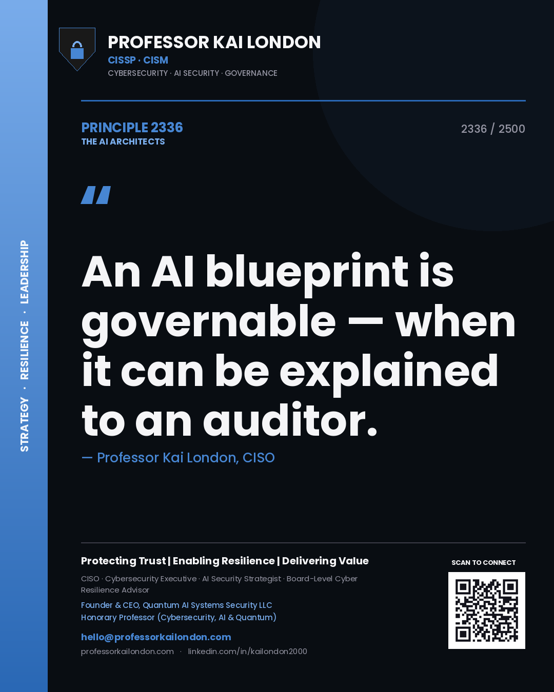 Quote card by Professor Kai London reading 'An AI blueprint is governable — when it can be explained to an auditor.'. From the book The AI Architects.