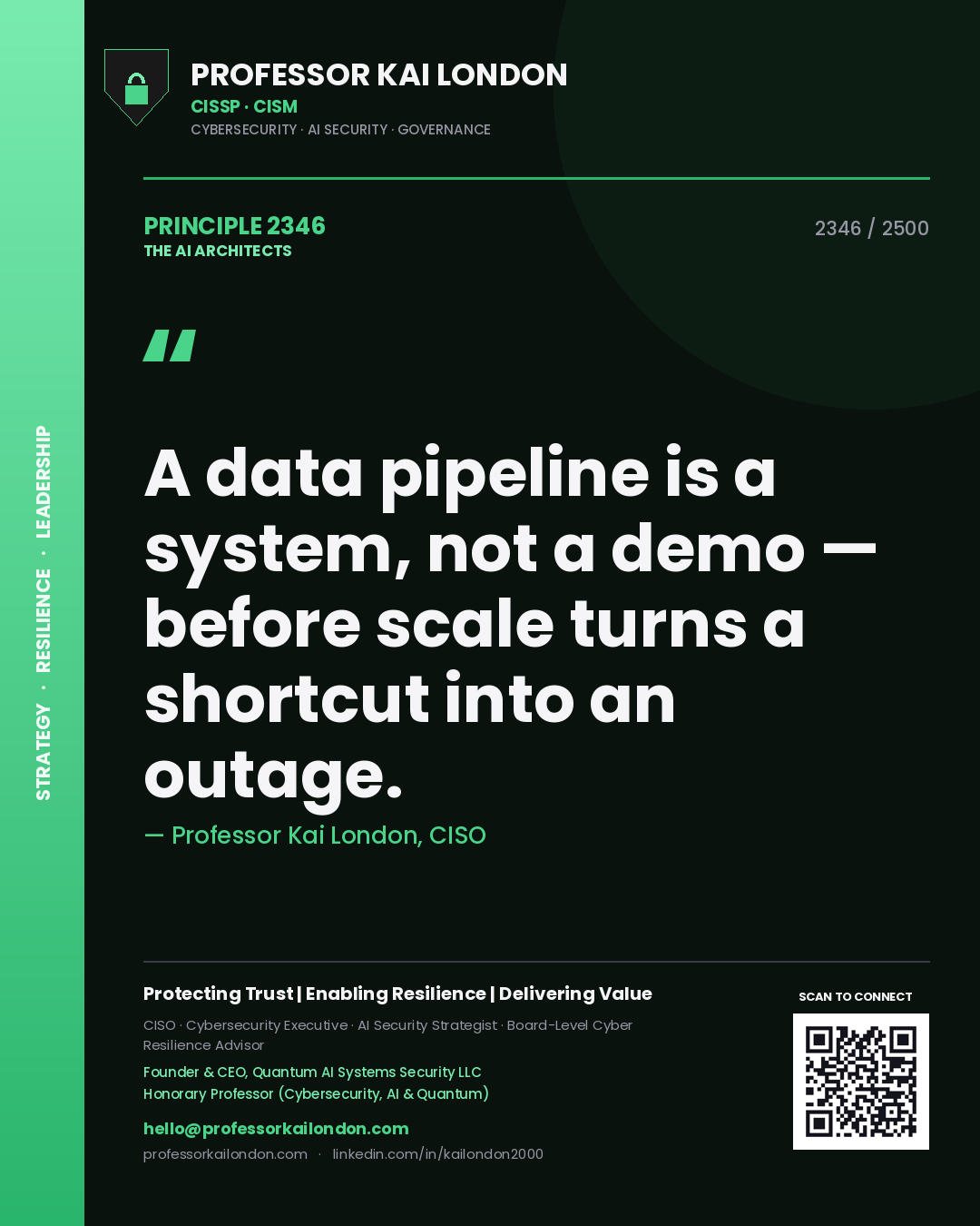 Professor Kai London principle 2346: A data pipeline is a system, not a demo — before scale turns a shortcut into an outage.