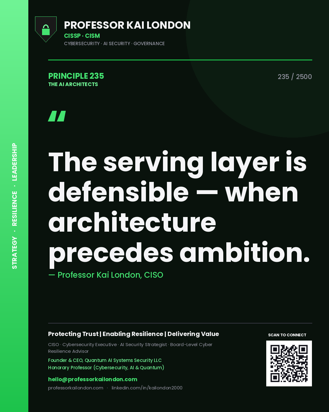Professor Kai London principle 235: The serving layer is defensible — when architecture precedes ambition.