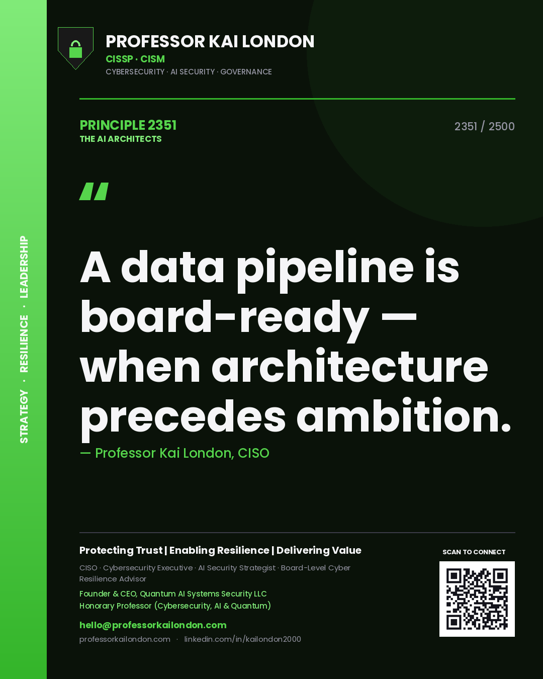 Professor Kai London principle 2351: A data pipeline is board-ready — when architecture precedes ambition.