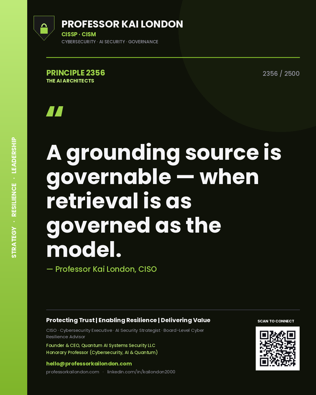 Quote card by Professor Kai London reading 'A grounding source is governable — when retrieval is as governed as the model.'. From the book The AI Architects.