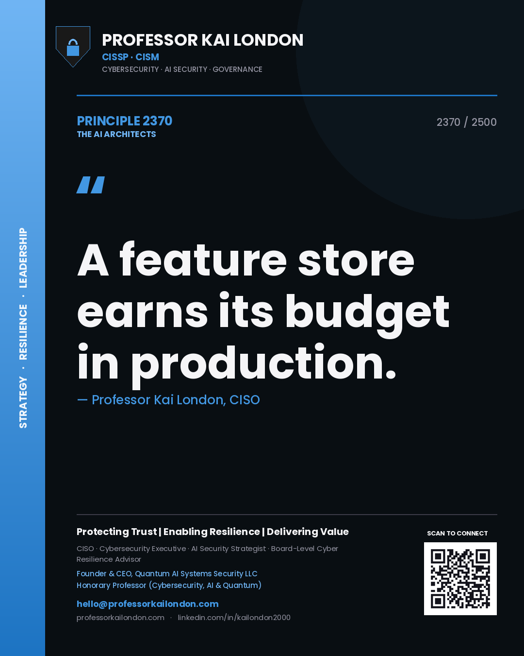 Professor Kai London principle 2370: A feature store earns its budget in production.