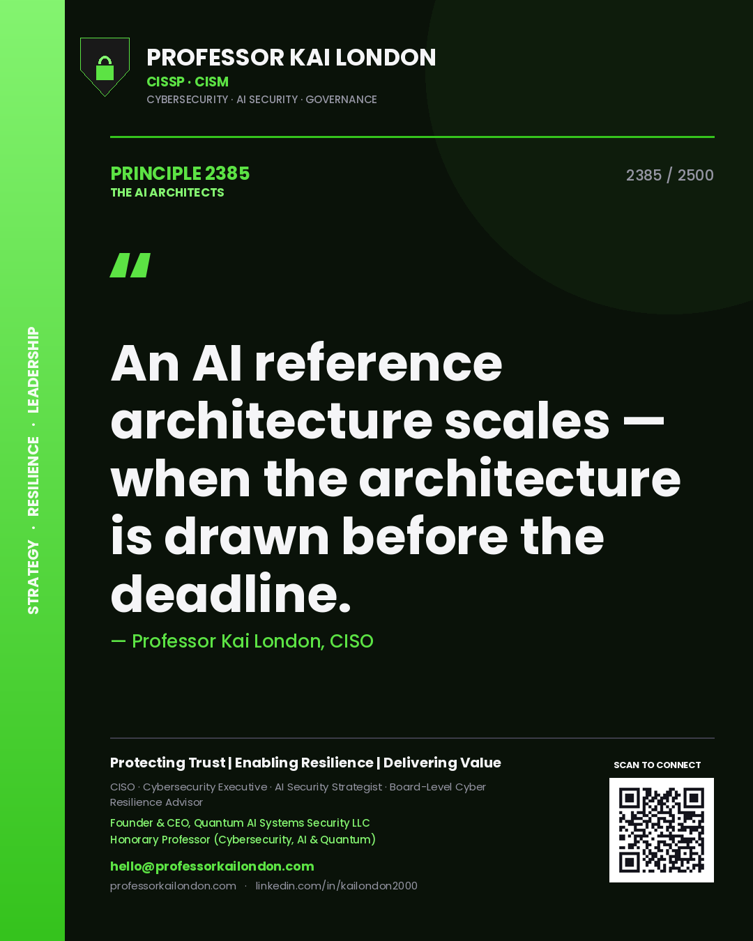 Quote card by Professor Kai London reading 'An AI reference architecture scales — when the architecture is drawn before the deadline.'. From the book The AI Architects.