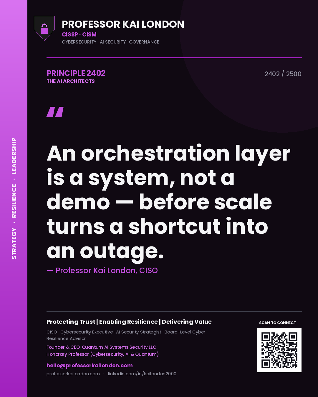Quote card by Professor Kai London reading 'An orchestration layer is a system, not a demo — before scale turns a shortcut into an outage.'. From the book The AI Architects.