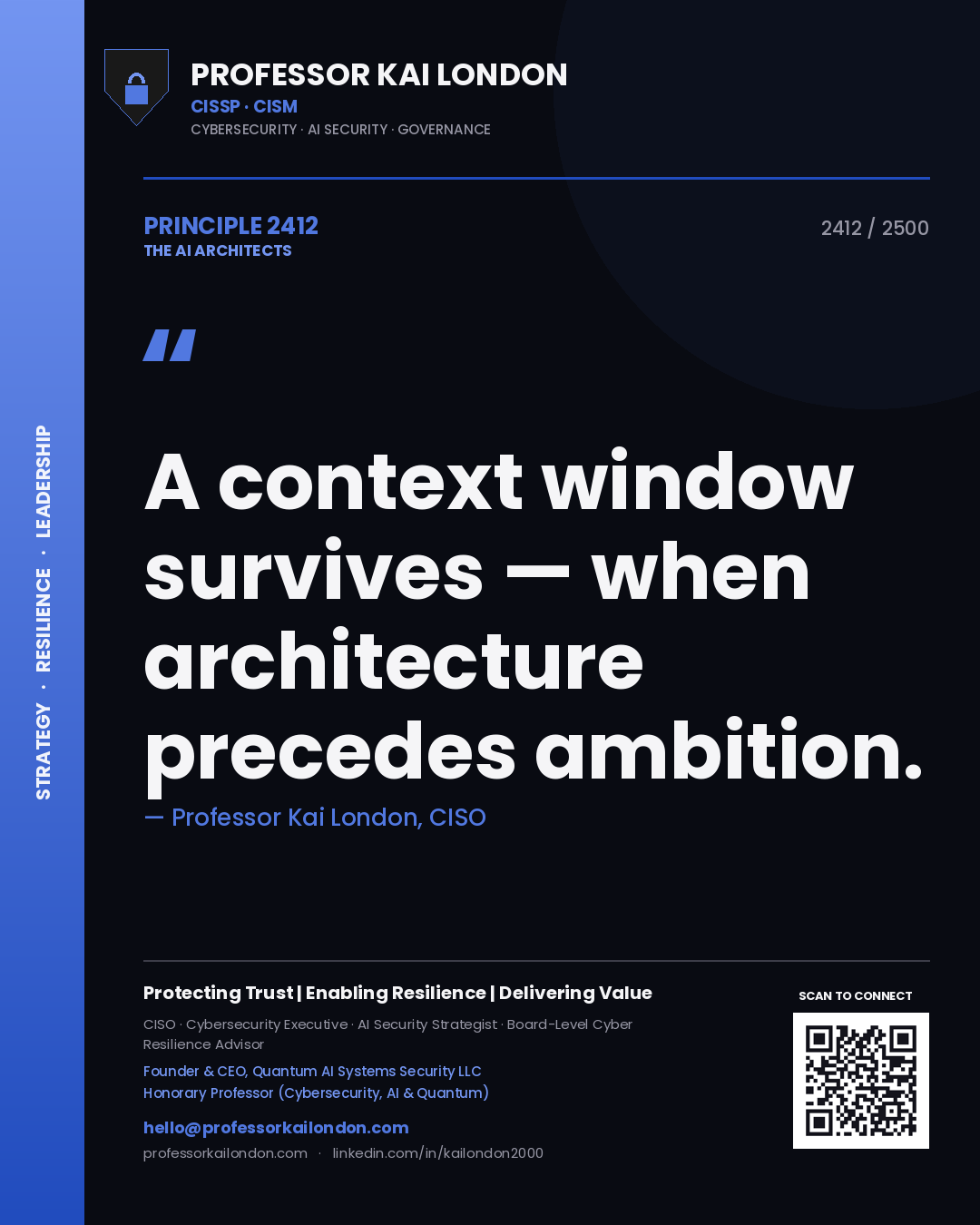 Professor Kai London principle 2412: A context window survives — when architecture precedes ambition.