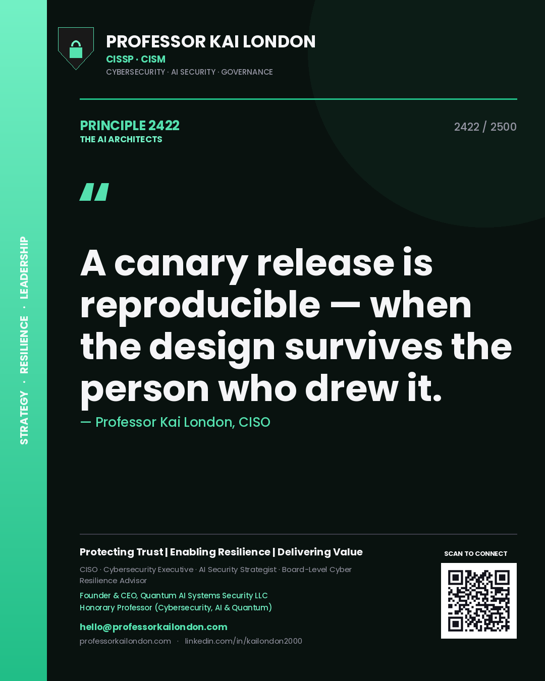 Professor Kai London principle 2422: A canary release is reproducible — when the design survives the person who drew it.
