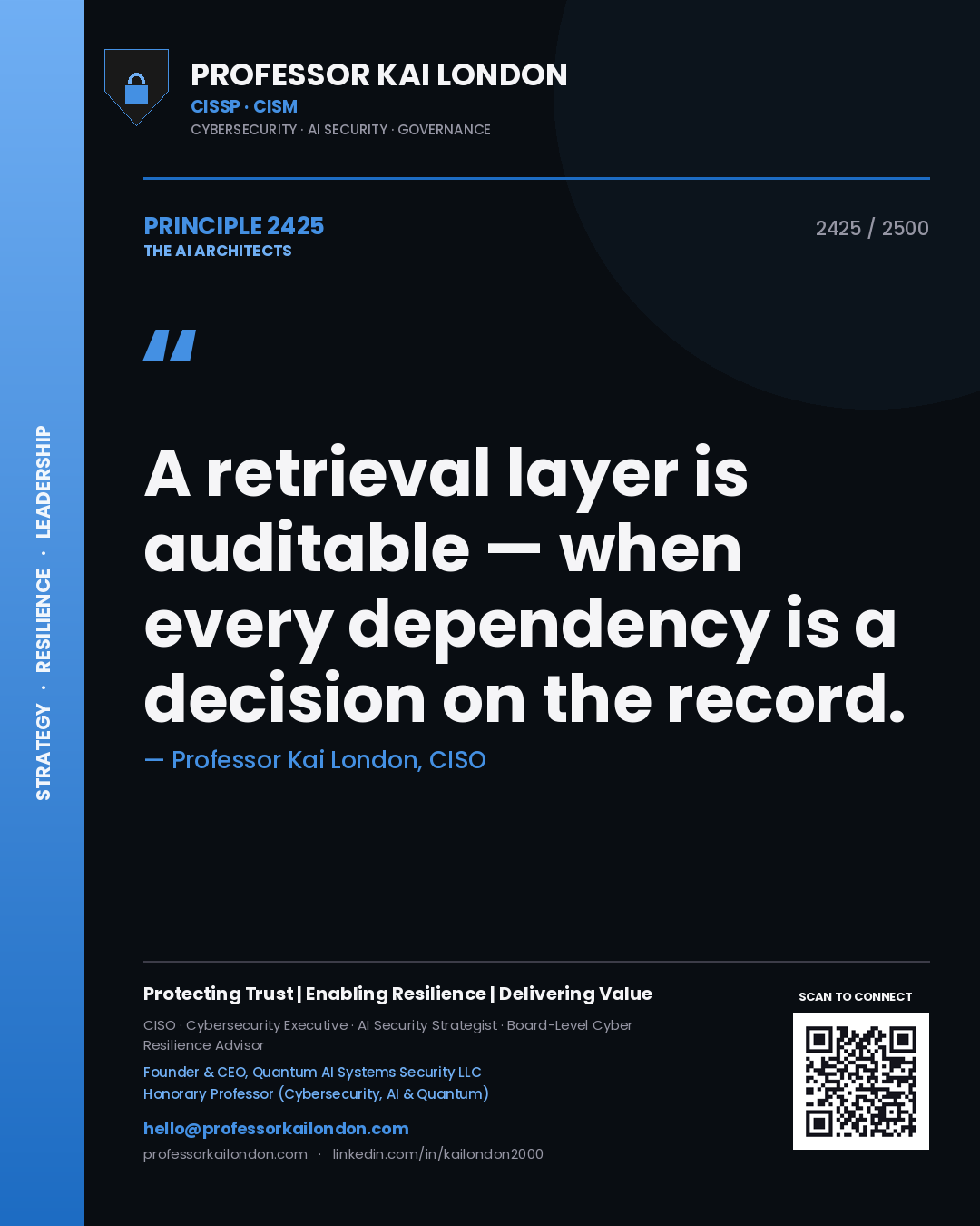 Quote card by Professor Kai London reading 'A retrieval layer is auditable — when every dependency is a decision on the record.'. From the book The AI Architects.