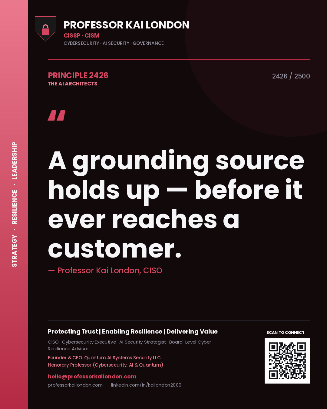 Professor Kai London principle 2426: A grounding source holds up — before it ever reaches a customer.