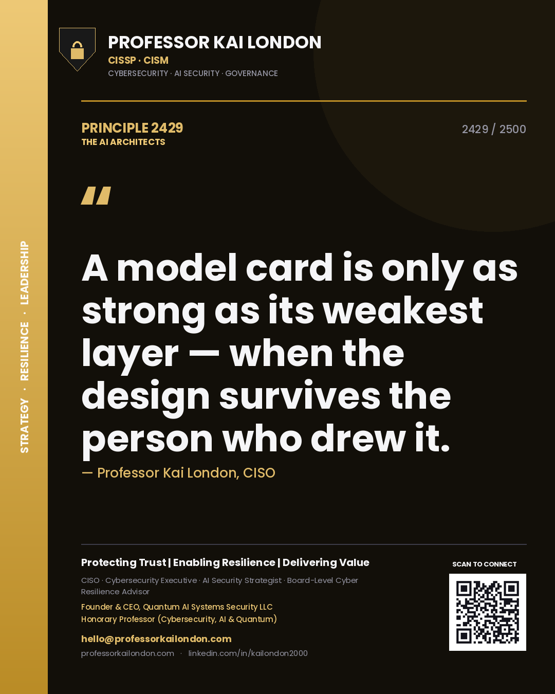 Quote card by Professor Kai London reading 'A model card is only as strong as its weakest layer — when the design survives the person who drew it.'. From the book The AI Architects.
