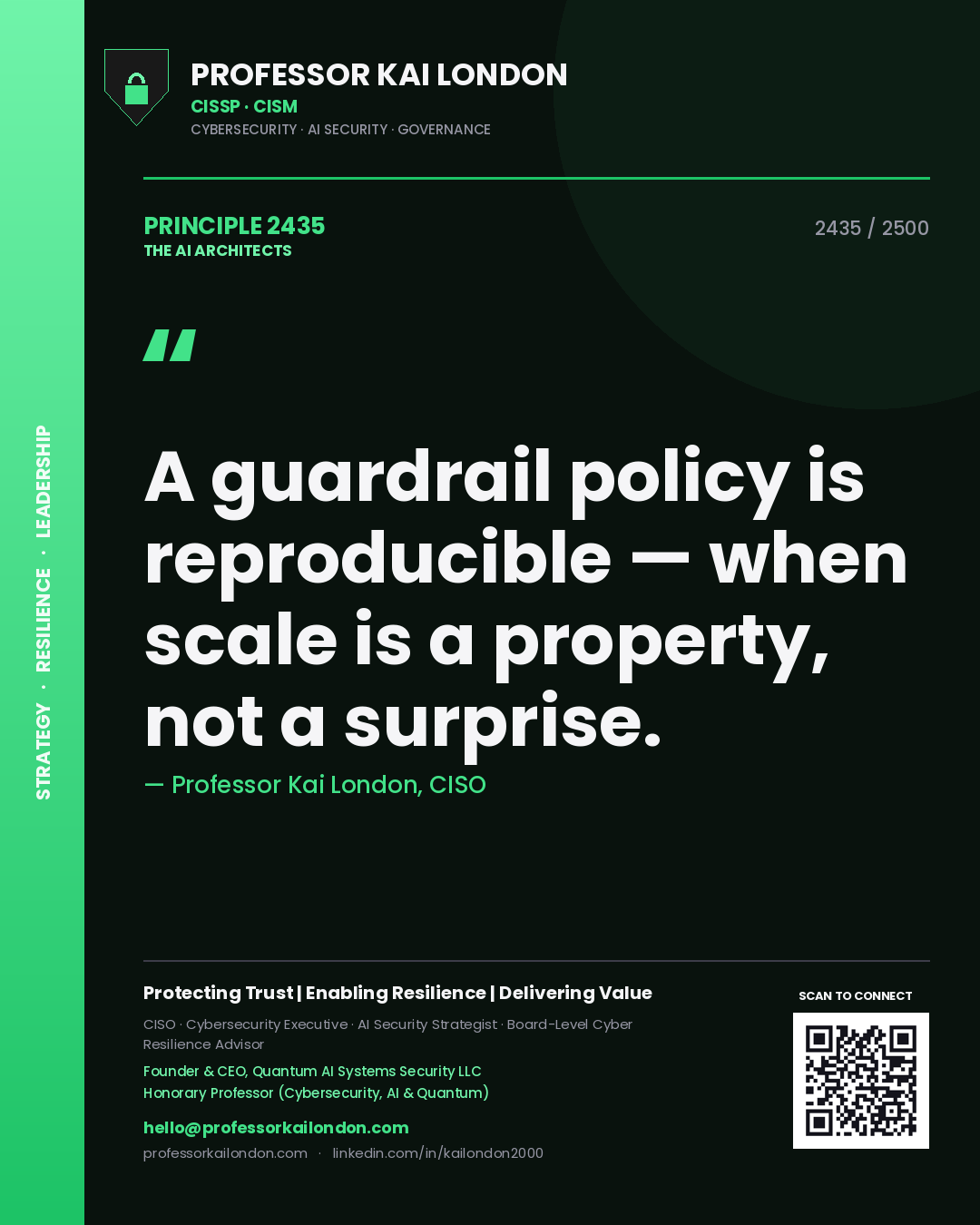 Quote card by Professor Kai London reading 'A guardrail policy is reproducible — when scale is a property, not a surprise.'. From the book The AI Architects.