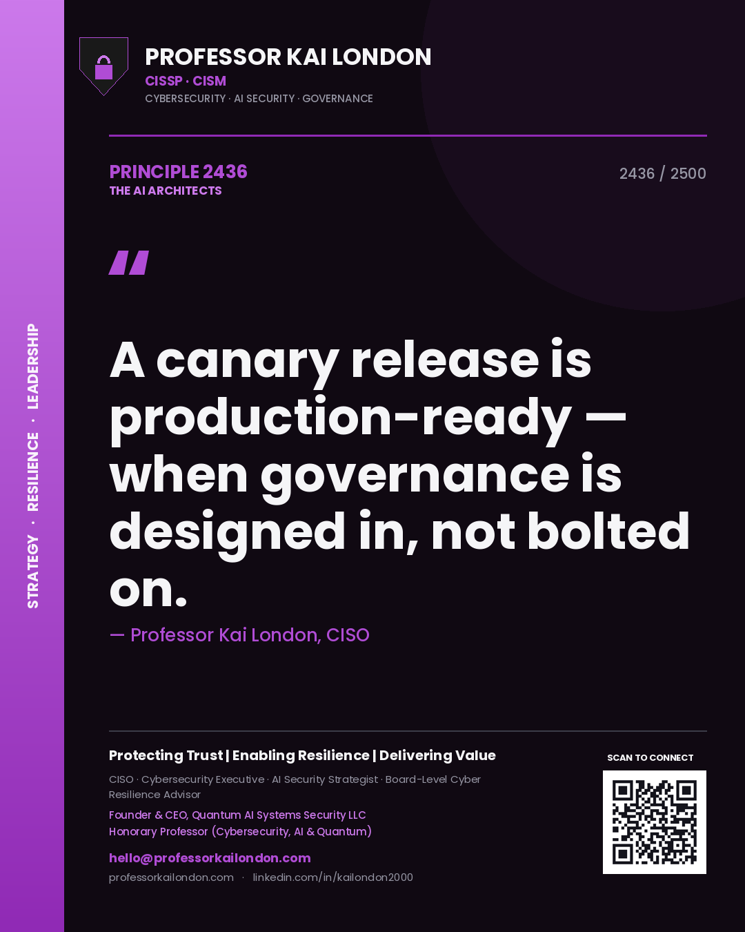 Quote card by Professor Kai London reading 'A canary release is production-ready — when governance is designed in, not bolted on.'. From the book The AI Architects.