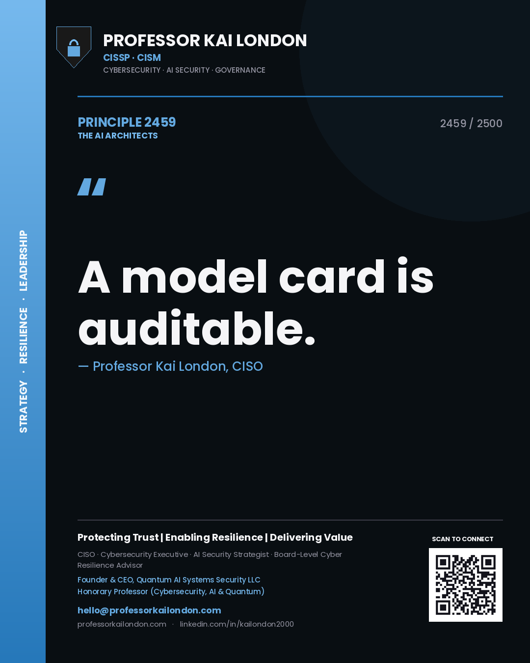 Quote card by Professor Kai London reading 'A model card is auditable.'. From the book The AI Architects.
