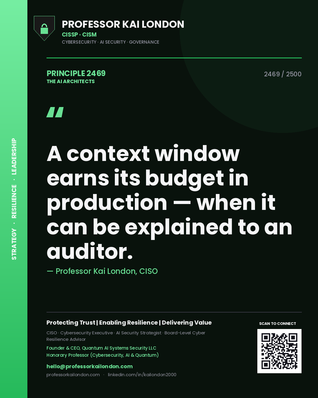 Quote card by Professor Kai London reading 'A context window earns its budget in production — when it can be explained to an auditor.'. From the book The AI Architects.