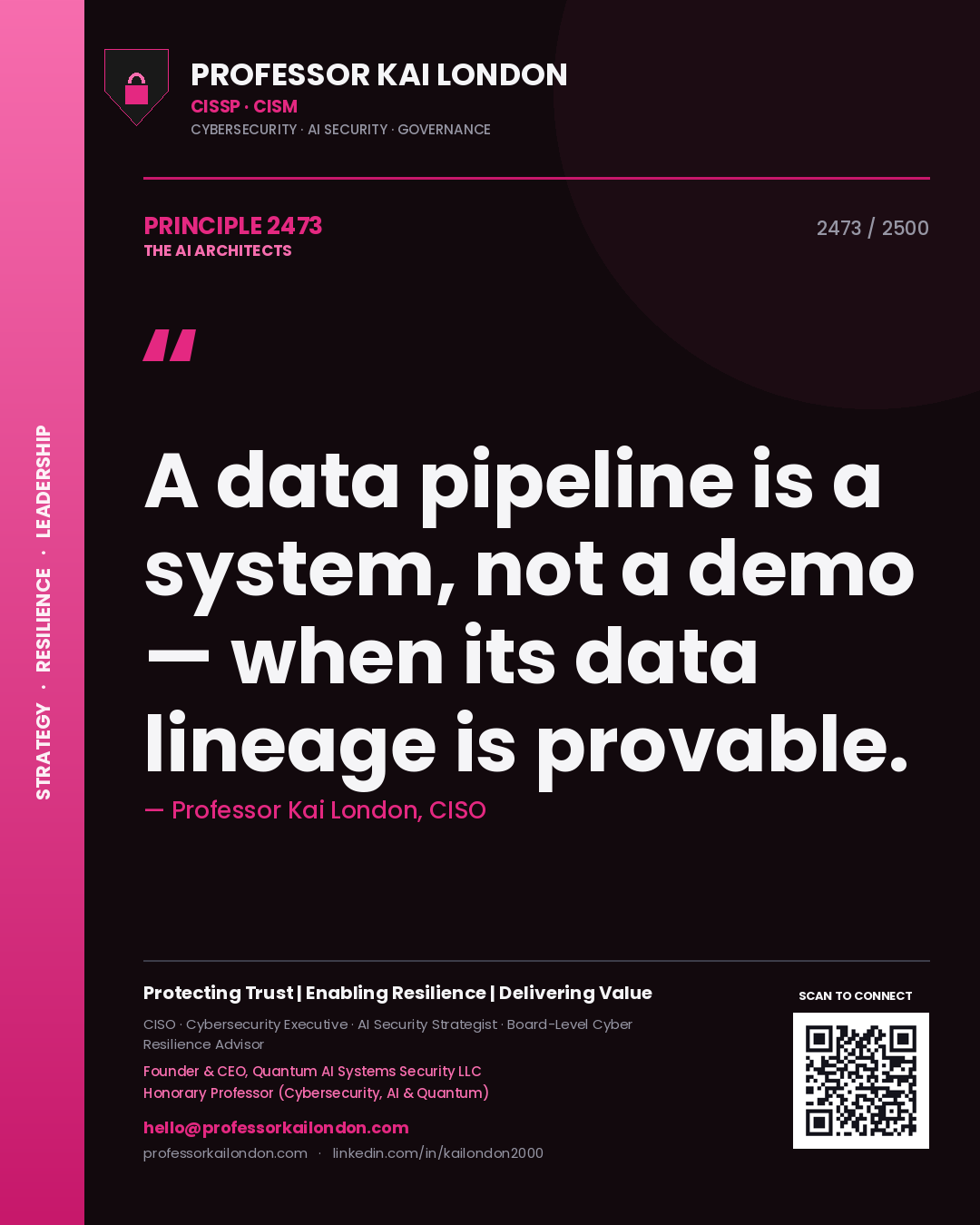 Quote card by Professor Kai London reading 'A data pipeline is a system, not a demo — when its data lineage is provable.'. From the book The AI Architects.