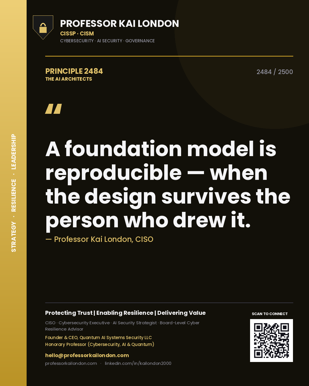 Quote card by Professor Kai London reading 'A foundation model is reproducible — when the design survives the person who drew it.'. From the book The AI Architects.