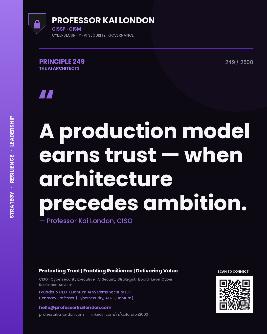 Quote card by Professor Kai London reading 'A production model earns trust — when architecture precedes ambition.'. From the book The AI Architects.