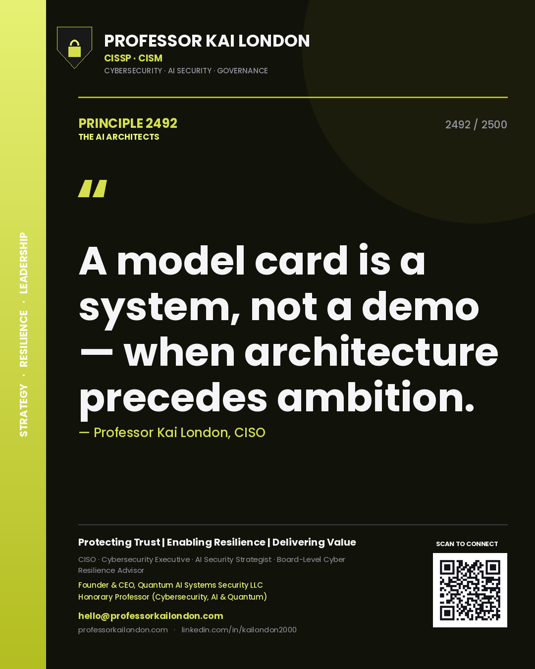 Quote card by Professor Kai London reading 'A model card is a system, not a demo — when architecture precedes ambition.'. From the book The AI Architects.