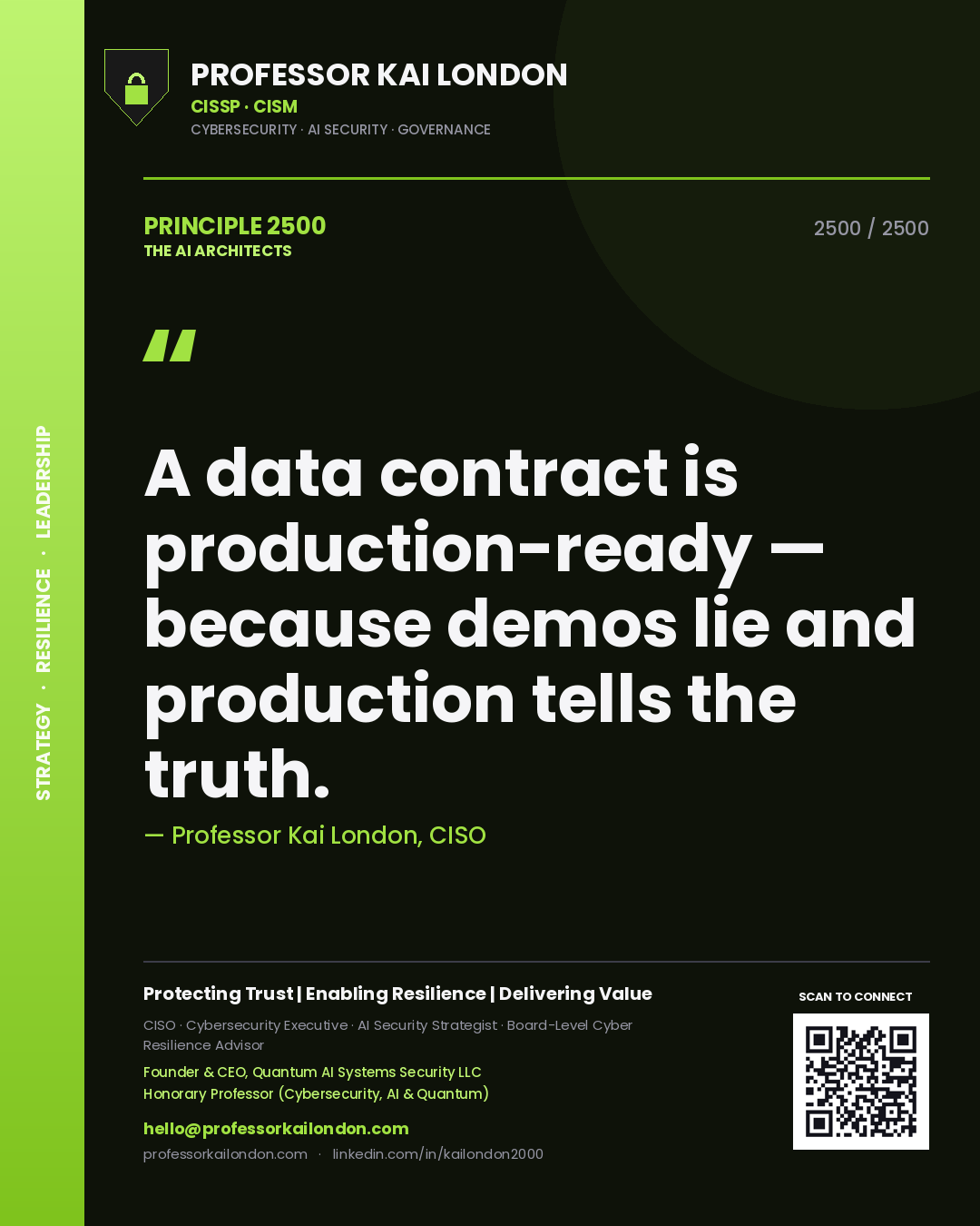 Quote card by Professor Kai London reading 'A data contract is production-ready — because demos lie and production tells the truth.'. From the book The AI Architects.
