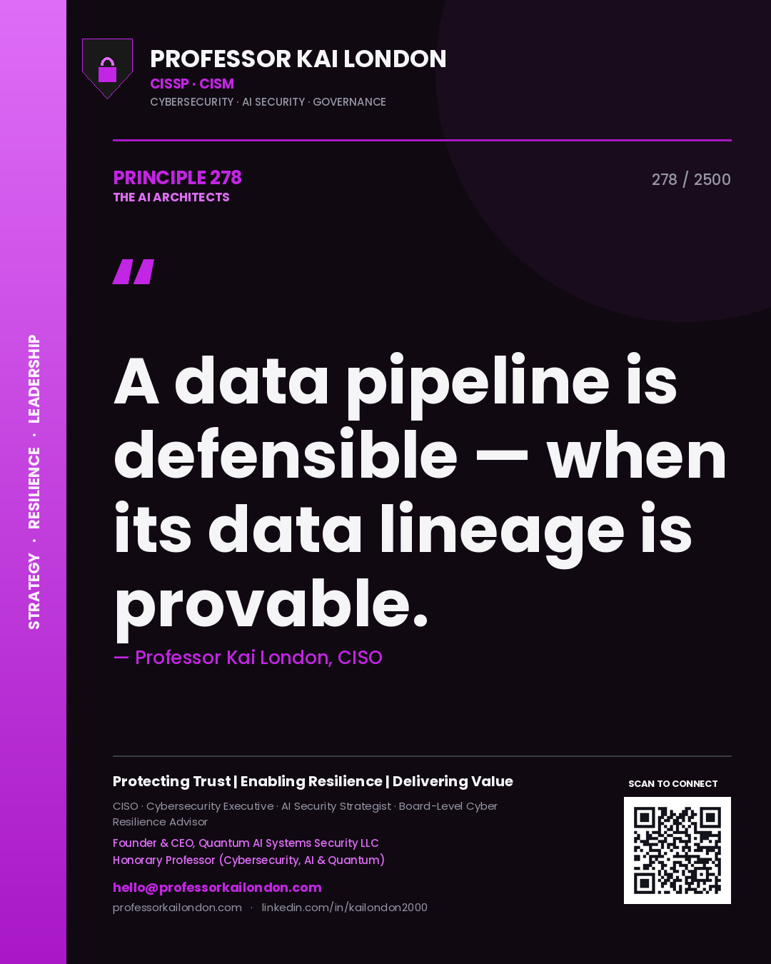 Quote card by Professor Kai London reading 'A data pipeline is defensible — when its data lineage is provable.'. From the book The AI Architects.